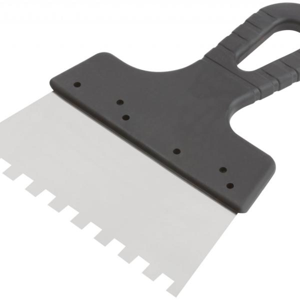 Шпатель 8х8мм 250мм, нержавеющий зубчатый с пластмассовой ручкой, FIT,06638